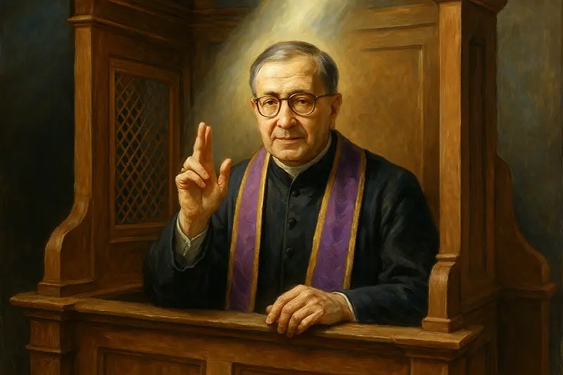 Cuadro de san Josemaría Escrivá impartiendo la absolución del sacramento de la confesión en un confesionario, con luz celestial y vestidura morada.