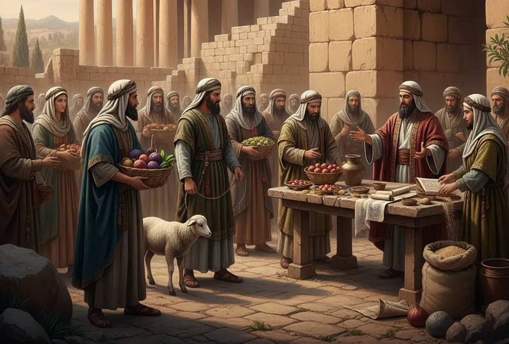 Grupo de personas en un entorno antiguo, similar a un mercado o templo, entregando ofrendas de frutas y monedas a un hombre que las recibe. La escena evoca la práctica del diezmo en tiempos bíblicos.