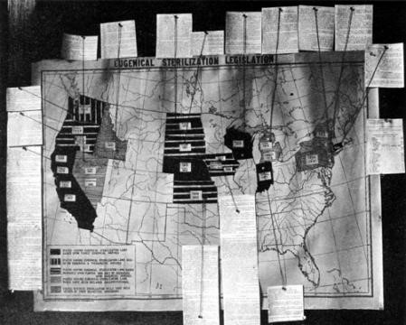 A poster from a 1921 conference on eugenics, showing U.S. states that had implemented sterilization laws. Public domain