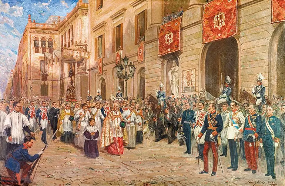 Lukisan bersejarah tentang prosesi Corpus Christi yang khidmat di hadapan otoritas sipil, gerejawi, dan militer di sebuah kota di Spanyol.