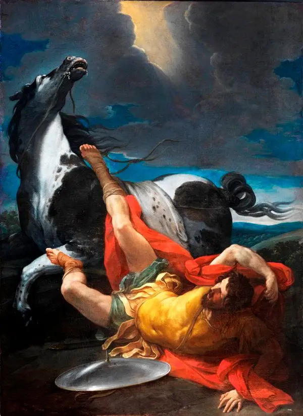 Rappresentazione artistica della conversione di San Paolo, che cadde da cavallo dopo aver ricevuto la luce divina.