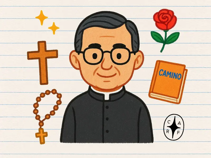 Kartun Santo Josemaría Escrivá dengan simbol-simbol terkait: salib, rosario, mawar merah, dan buku "The Way".