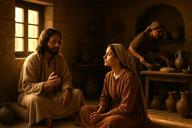 Jesús sentado junto a una ventana en una casa de piedra, hablando con serenidad. Frente a Él, María escucha sentada a sus pies, en actitud contemplativa. Al fondo, Marta de Betania trabaja preparando pan sobre una mesa, con expresión de concentración. La escena está ambientada en el siglo I, con luz cálida entrando por la ventana y jarras de barro decorando la estancia.
