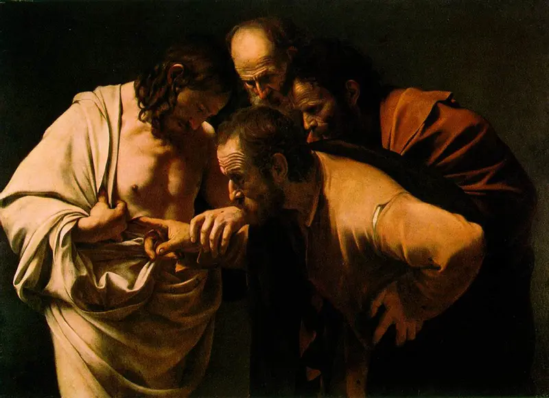 Pintura de Caravaggio que representa a Santo Tomás metiendo su dedo en la herida de Cristo, rodeado por otros apóstoles.