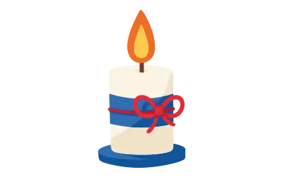 Ilustración de una vela blanca con una cinta azul en medio del cirio y un lazo rojo, sobre una peana azul.
