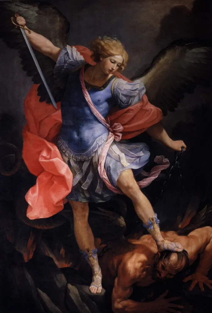 El Arcángel san Miguel, con armadura y espada en alto, somete con su pie la cabeza de Satanás, que yace derrotado en el suelo.