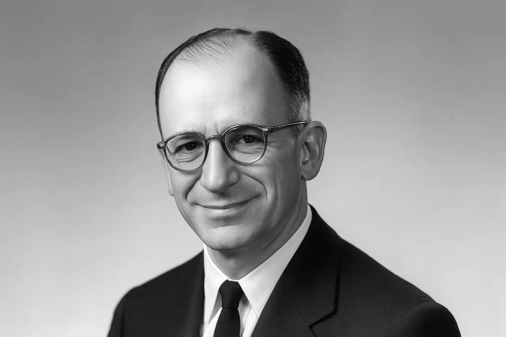 Retrato en blanco y negro de Enrique Shaw, con gafas y traje, sonriendo ligeramente.