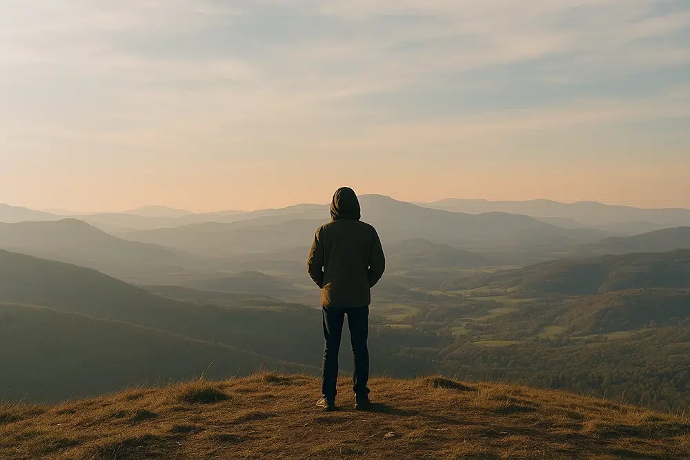 Persona contemplando un paisaje natural desde lo alto de un monte, simbolizando la sencillez y la búsqueda interior.