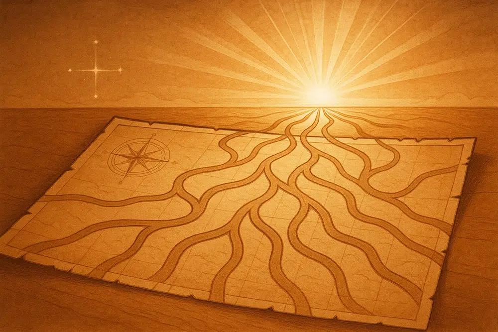 Ilustración de Mapas de esperanza: un mapa antiguo con caminos que convergen hacia un horizonte luminoso, símbolo de guía y renovación espiritual.